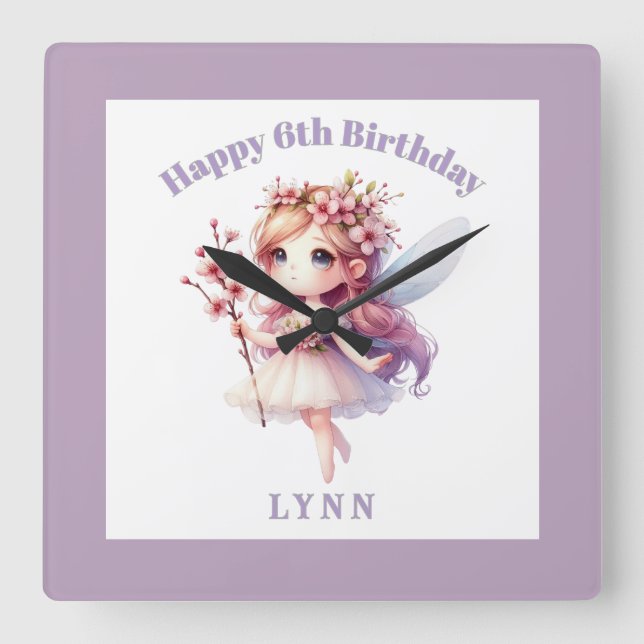 Personalized Whimsical Floral Fairy  Square Wall Clock (Front)