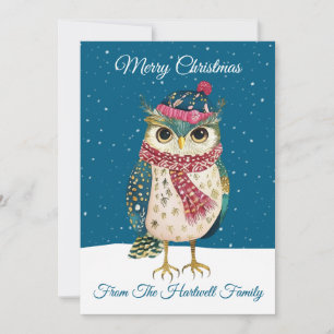 Personalized Whimsical Folk Art Style Owl Holiday Card