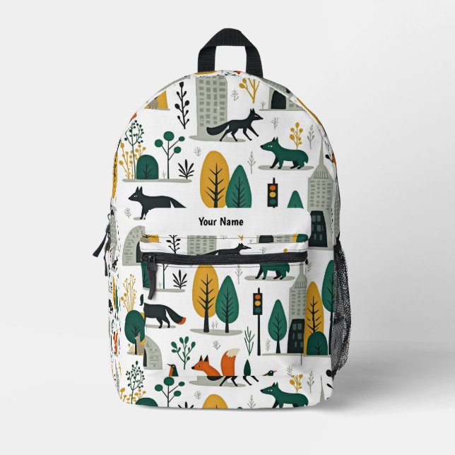Personalized Whimsical Fox & Cityscape Kids Printed Backpack (Front)