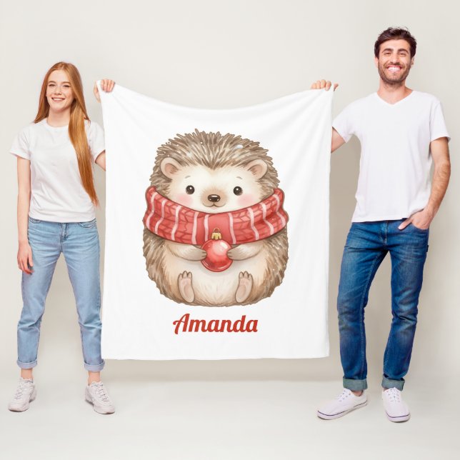 Personalized Whimsical Hedgehog Christmas Fleece Blanket (In Situ)