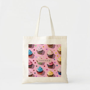 Personalized Whimsical Rainbow Cupcake Confetti Tote Bag