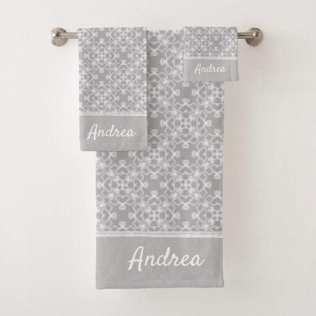 Personalized white and grey pattern bath towel set (Insitu)