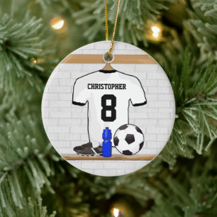 Personalized White Black Football Soccer Jersey Ceramic Tree Decoration