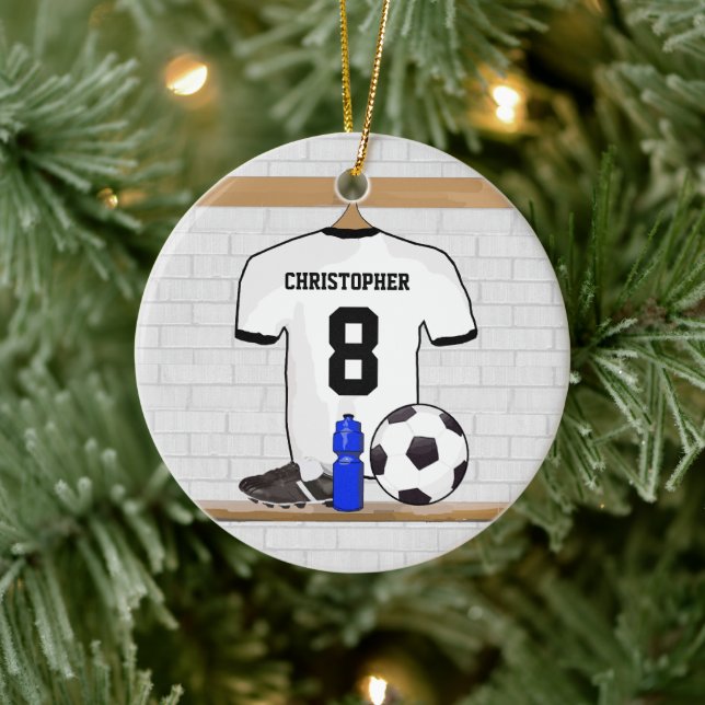 Personalized White Black Football Soccer Jersey Ceramic Tree Decoration (Tree)