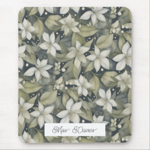 Personalized White Blossoms with Botanical Sage Mouse Mat