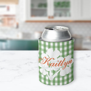 Personalized White Clovers Green Gingham Can Cooler