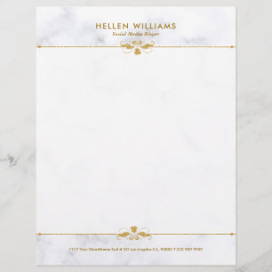 Personalized White Faux Marble Gold Floral Accent Custom Letterhead