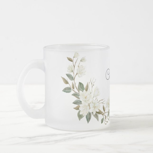 Personalized White Floral Mug, Elegant Custom Name Frosted Glass Coffee Mug (Left)