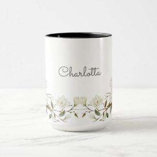 Personalized White Floral Mug, Elegant Custom Name Mug