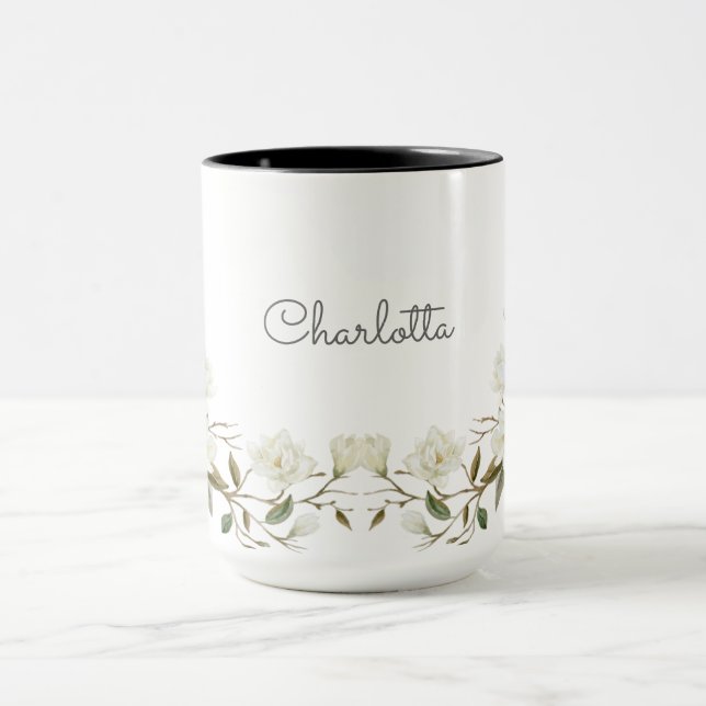 Personalized White Floral Mug, Elegant Custom Name Mug (Center)