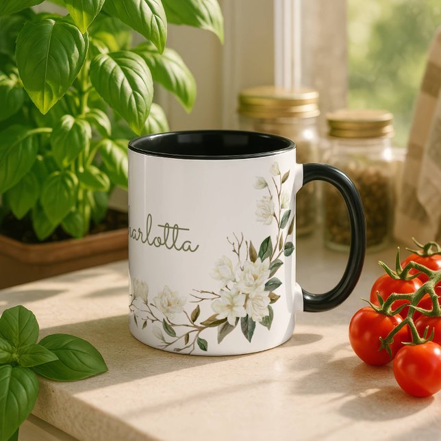 Personalized White Floral Mug, Elegant Custom Name Mug (Creator Uploaded)