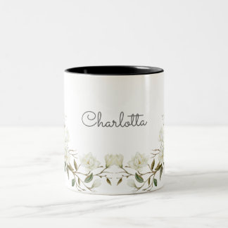 Personalized White Floral Mug, Elegant Custom Name Two-Tone Coffee Mug