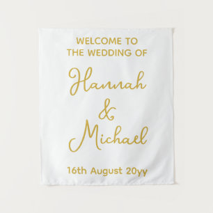 Personalized White Gold Welcome to Wedding Fabric Tapestry