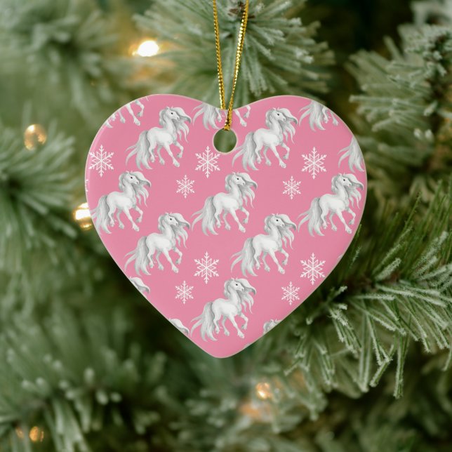 Personalized White Horses and Snowflakes on Pink Ceramic Tree Decoration (Tree)