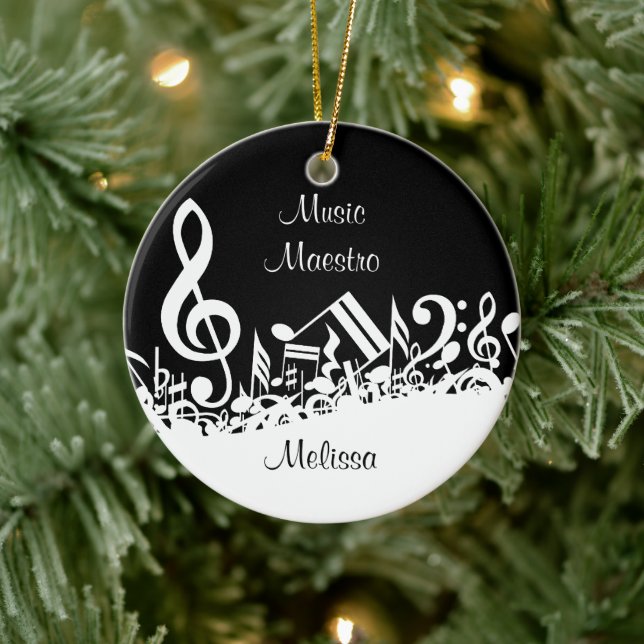Personalized White Jumbled Musical Notes on Black Ceramic Tree Decoration (Tree)