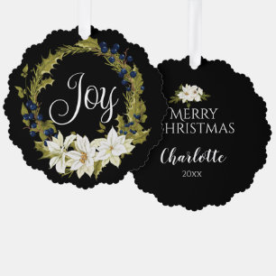PERSONALIZED WHITE POINTSETTIA CHRISTMAS WREATH TREE DECORATION CARD