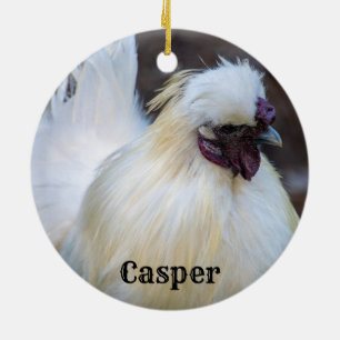 Personalized White Silkie Pet Chicken Rooster Ceramic Tree Decoration
