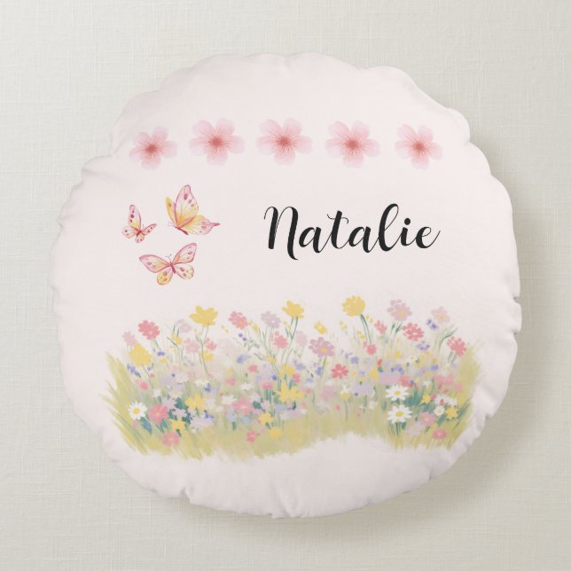 Personalized Wildflower & Butterfly Round Pillow (Front)