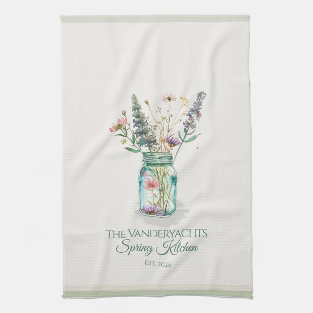 Personalized Wildflower Mason Jar Spring  Tea Towel (Vertical)