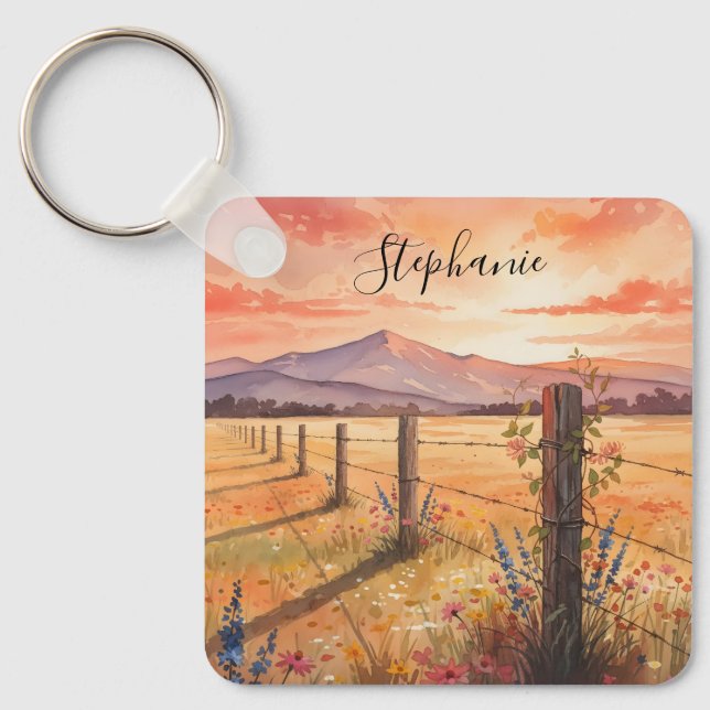 Personalized Wildflower Sunset Charm Key Ring (Front)