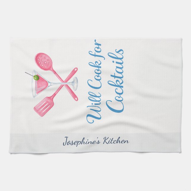 Personalized Will Cook for Cocktails Funny Elegant Tea Towel (Horizontal)