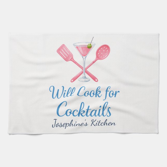 Personalized Will Cook for Cocktails Funny Elegant Tea Towel (Horizontal)