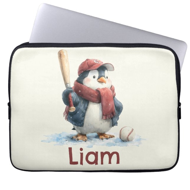 Personalized Winter Penguin Baseball Kid Laptop Sleeve (Front)