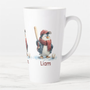 Personalized Winter Penguin Baseball Kid Latte Mug