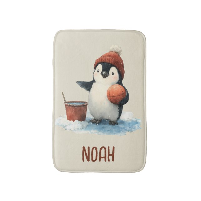 Personalized Winter Penguin Basketball Kid Bath Mat (Front Vertical)