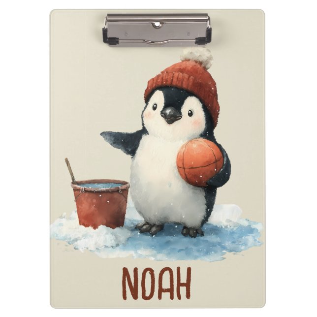 Personalized Winter Penguin Basketball Kid Clipboard (Front)