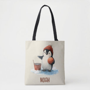 Personalized Winter Penguin Basketball Kid Tote Bag