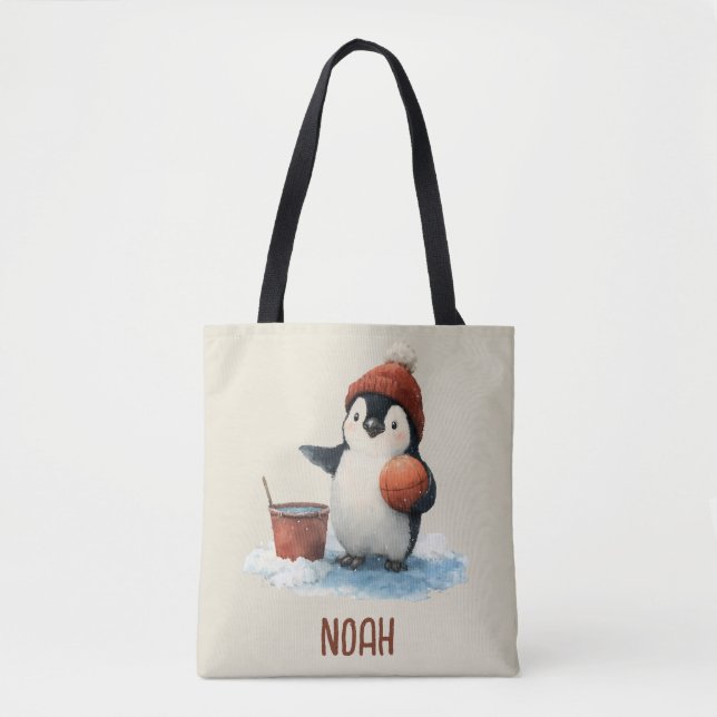 Personalized Winter Penguin Basketball Kid Tote Bag (Front)