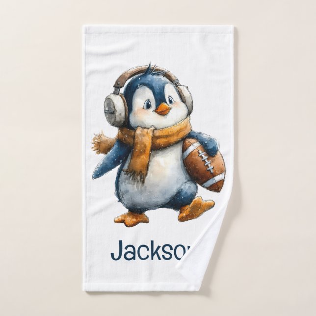 Personalized Winter Penguin Football Kid Bath Towel Set (Hand Towel)