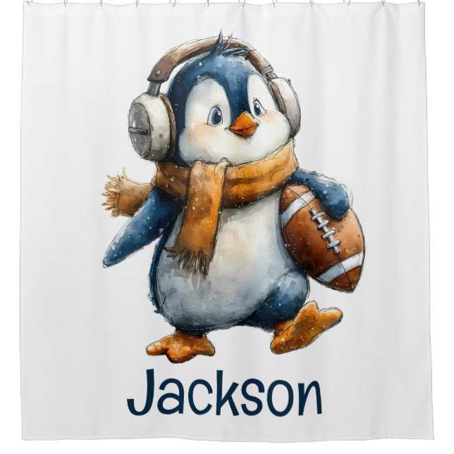 Personalized Winter Penguin Football Kid Shower Curtain (Front)