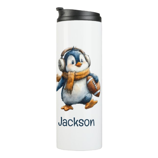 Personalized Winter Penguin Football Kid Thermal Tumbler (Rotated Right)