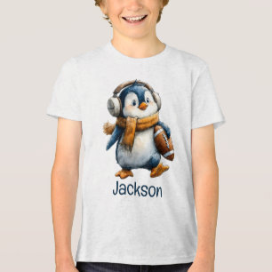 Personalized Winter Penguin Football Kid Tri-Blend Shirt