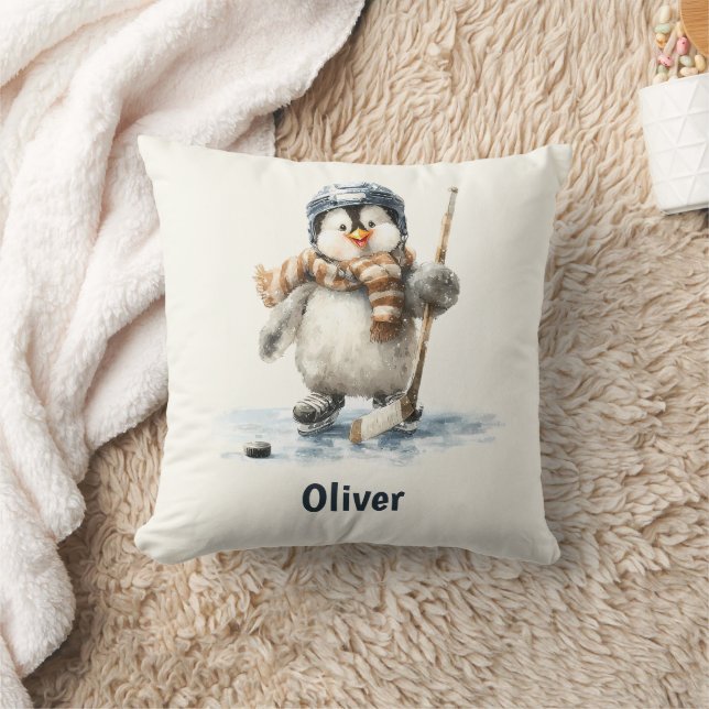 Personalized Winter Penguin Hockey Kid Cushion (Blanket)
