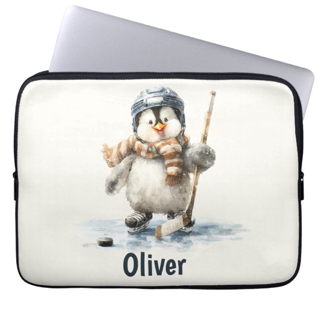 Personalized Winter Penguin Hockey Kid Laptop Sleeve (Front)