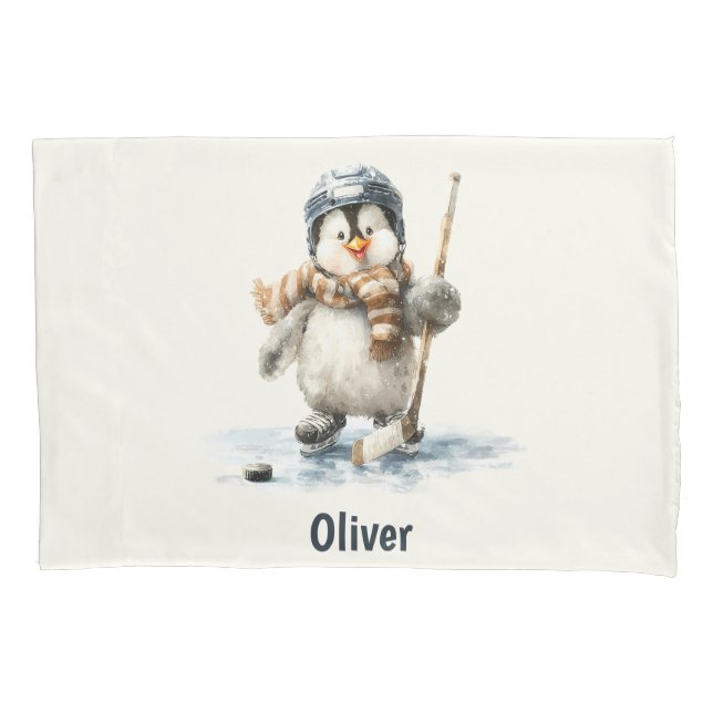Personalized Winter Penguin Hockey Kid Pillowcase (Front)