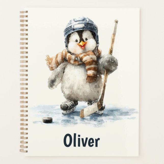 Personalized Winter Penguin Hockey Kid Planner (Front)