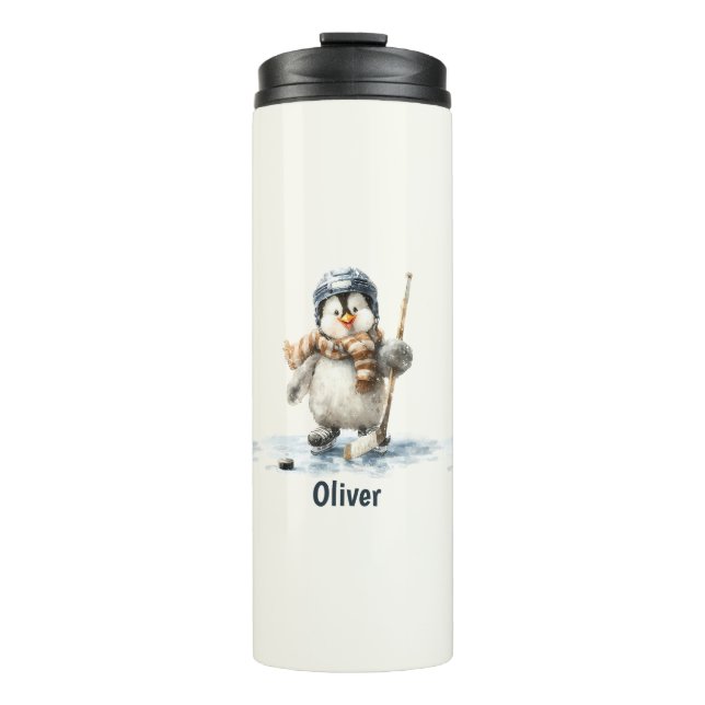 Personalized Winter Penguin Hockey Kid Thermal Tumbler (Front)