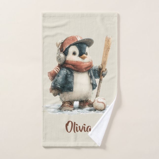Personalized Winter Penguin Softball Kid Bath Towel Set (Hand Towel)