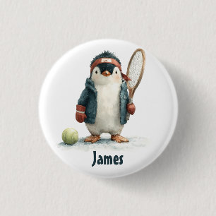 Personalized Winter Penguin Tennis Kid 3 Cm Round Badge