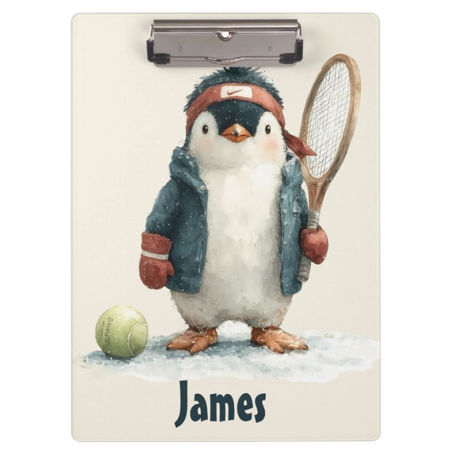 Personalized Winter Penguin Tennis Kid Clipboard (Front)