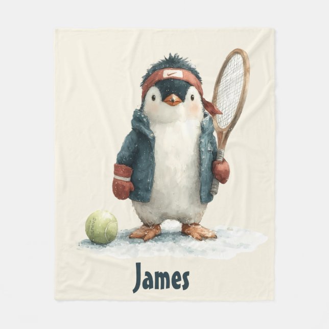 Personalized Winter Penguin Tennis Kid Fleece Blanket (Front)