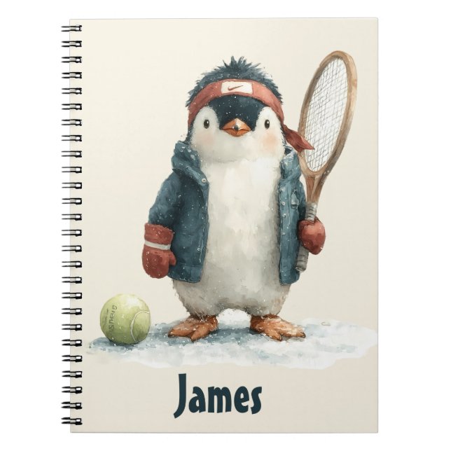 Personalized Winter Penguin Tennis Kid Notebook (Front)