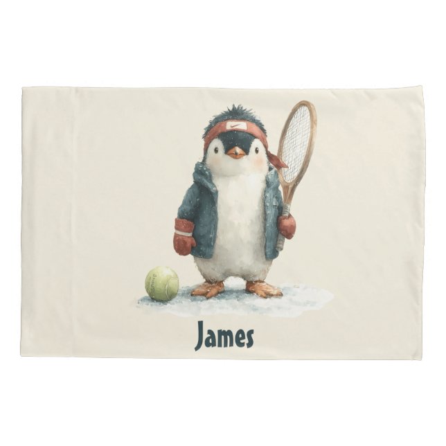 Personalized Winter Penguin Tennis Kid Pillowcase (Back)