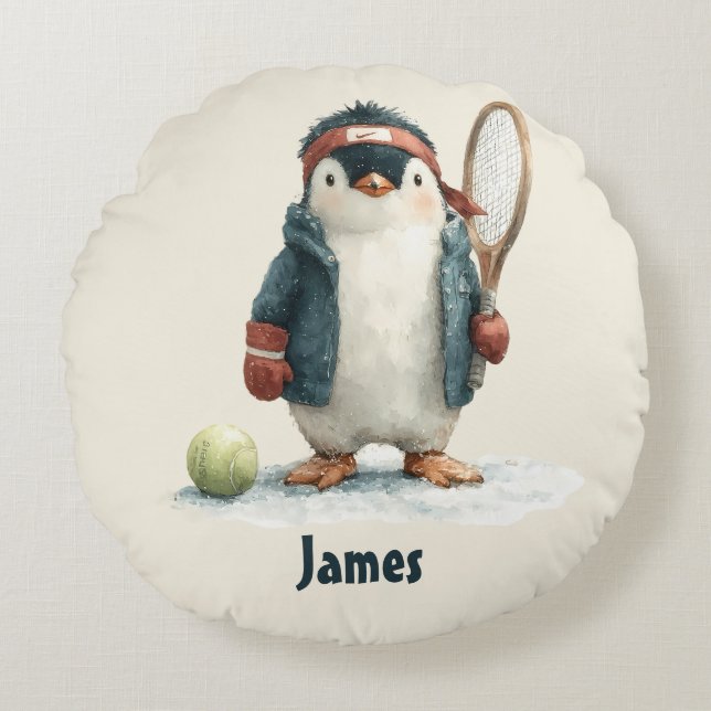 Personalized Winter Penguin Tennis Kid Round Cushion (Front)