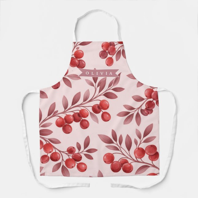 Personalized Winter Red Berry Botanical Cottage Apron (Front)