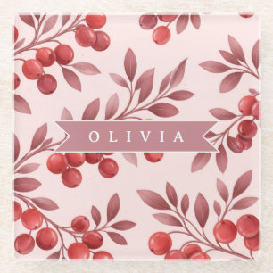Personalized Winter Red Berry Botanical Cottage Glass Coaster